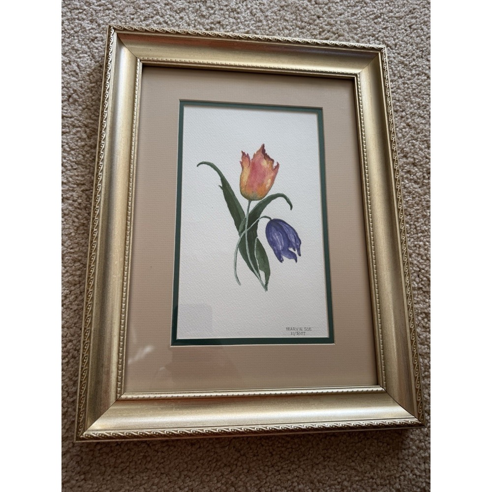 Original Watercolor Painting Tulips in Color Floral Art Signed 2007 Framed Decor